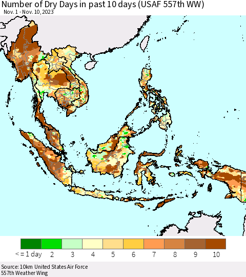South East Asia Number of Dry Days in past 10 days (USAF 557th WW) Thematic Map For 11/6/2023 - 11/10/2023