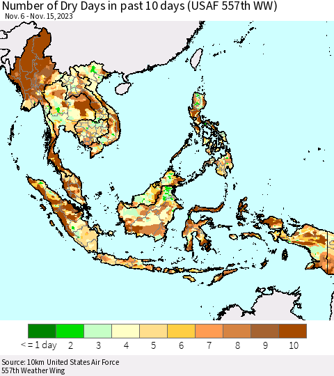 South East Asia Number of Dry Days in past 10 days (USAF 557th WW) Thematic Map For 11/11/2023 - 11/15/2023