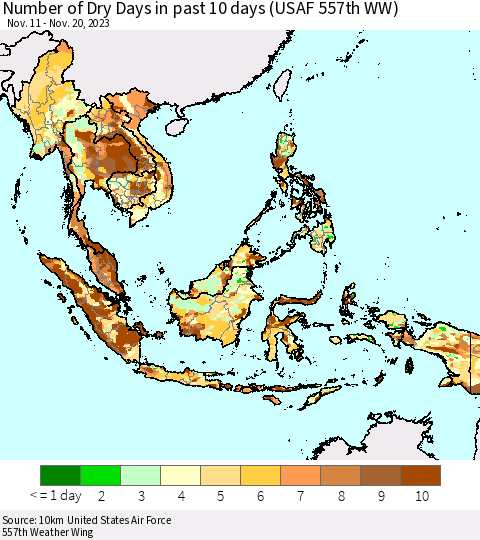 South East Asia Number of Dry Days in past 10 days (USAF 557th WW) Thematic Map For 11/16/2023 - 11/20/2023