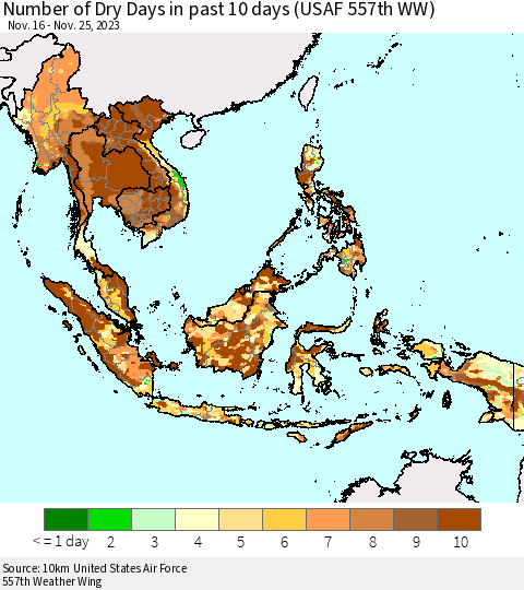 South East Asia Number of Dry Days in past 10 days (USAF 557th WW) Thematic Map For 11/21/2023 - 11/25/2023
