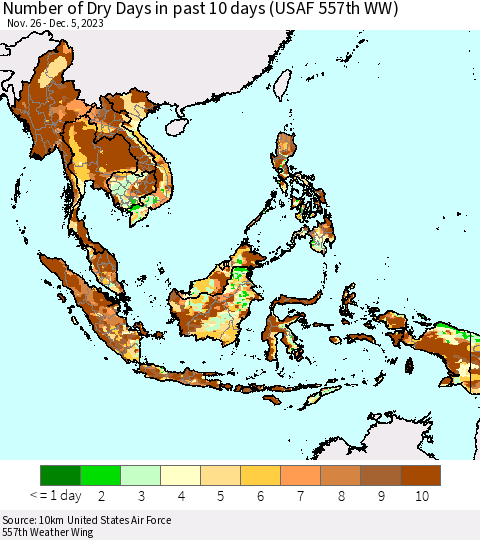 South East Asia Number of Dry Days in past 10 days (USAF 557th WW) Thematic Map For 12/1/2023 - 12/5/2023