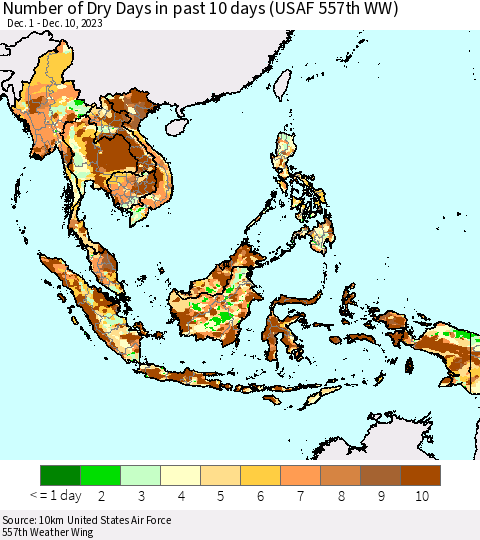 South East Asia Number of Dry Days in past 10 days (USAF 557th WW) Thematic Map For 12/6/2023 - 12/10/2023