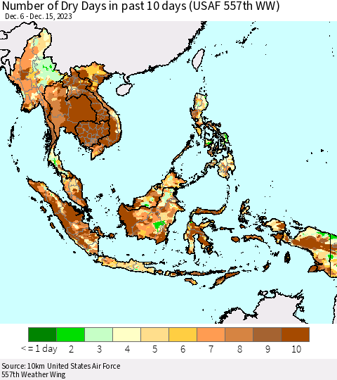 South East Asia Number of Dry Days in past 10 days (USAF 557th WW) Thematic Map For 12/11/2023 - 12/15/2023