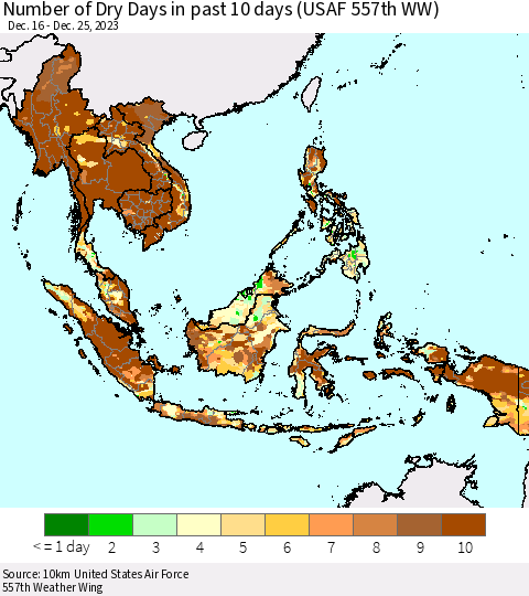 South East Asia Number of Dry Days in past 10 days (USAF 557th WW) Thematic Map For 12/21/2023 - 12/25/2023