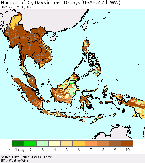 South East Asia Number of Dry Days in past 10 days (USAF 557th WW) Thematic Map For 12/26/2023 - 12/31/2023