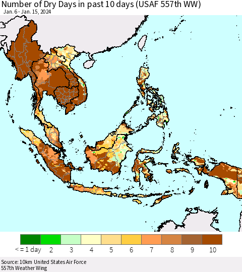 South East Asia Number of Dry Days in past 10 days (USAF 557th WW) Thematic Map For 1/11/2024 - 1/15/2024