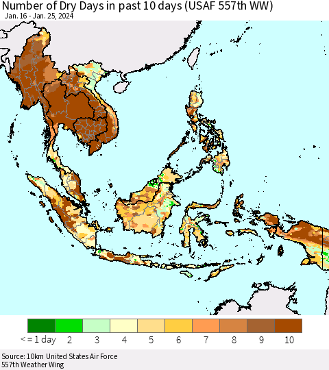 South East Asia Number of Dry Days in past 10 days (USAF 557th WW) Thematic Map For 1/21/2024 - 1/25/2024