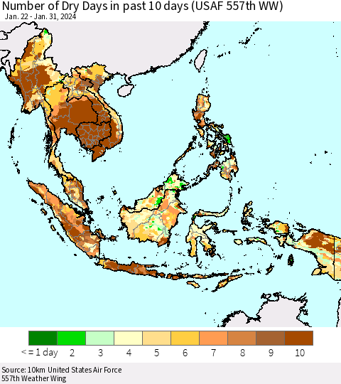 South East Asia Number of Dry Days in past 10 days (USAF 557th WW) Thematic Map For 1/26/2024 - 1/31/2024