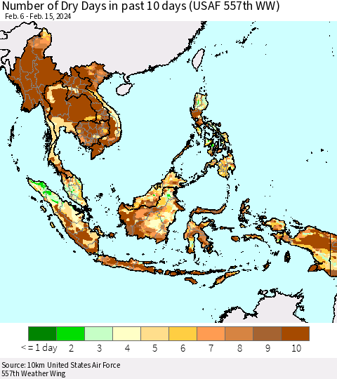 South East Asia Number of Dry Days in past 10 days (USAF 557th WW) Thematic Map For 2/11/2024 - 2/15/2024
