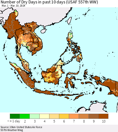 South East Asia Number of Dry Days in past 10 days (USAF 557th WW) Thematic Map For 3/6/2024 - 3/10/2024