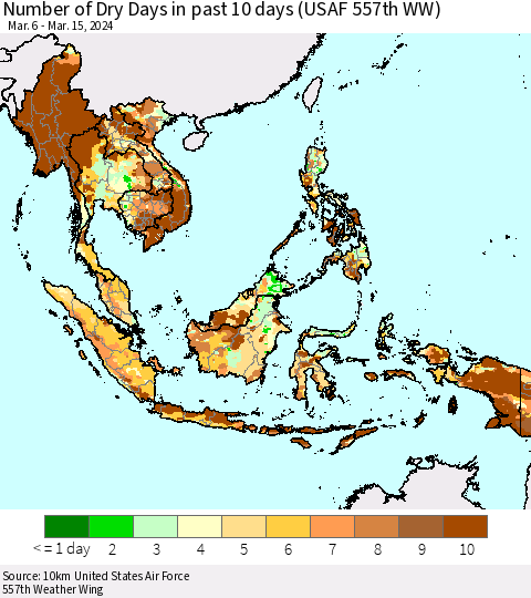 South East Asia Number of Dry Days in past 10 days (USAF 557th WW) Thematic Map For 3/11/2024 - 3/15/2024