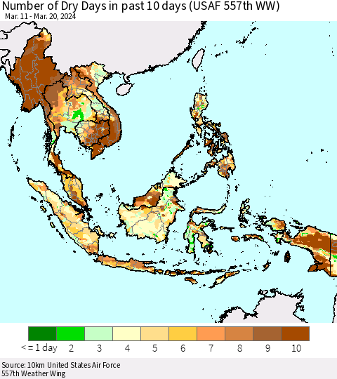 South East Asia Number of Dry Days in past 10 days (USAF 557th WW) Thematic Map For 3/16/2024 - 3/20/2024