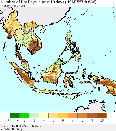 South East Asia Number of Dry Days in past 10 days (USAF 557th WW) Thematic Map For 3/21/2024 - 3/25/2024