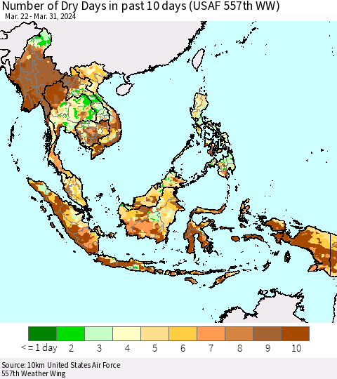 South East Asia Number of Dry Days in past 10 days (USAF 557th WW) Thematic Map For 3/26/2024 - 3/31/2024