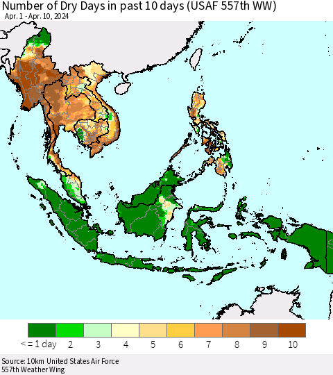 South East Asia Number of Dry Days in past 10 days (USAF 557th WW) Thematic Map For 4/6/2024 - 4/10/2024