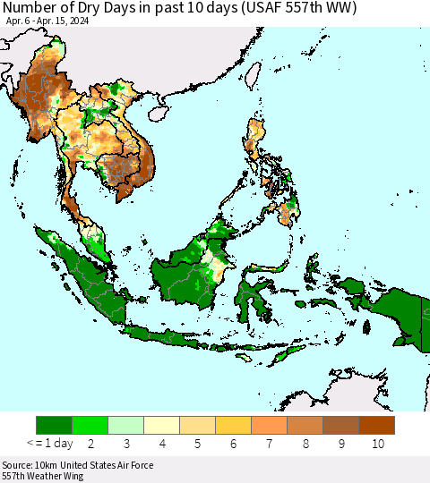 South East Asia Number of Dry Days in past 10 days (USAF 557th WW) Thematic Map For 4/11/2024 - 4/15/2024