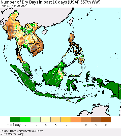South East Asia Number of Dry Days in past 10 days (USAF 557th WW) Thematic Map For 4/16/2024 - 4/20/2024