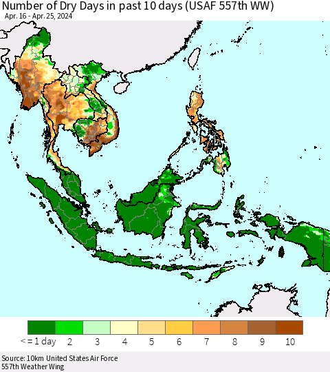 South East Asia Number of Dry Days in past 10 days (USAF 557th WW) Thematic Map For 4/21/2024 - 4/25/2024