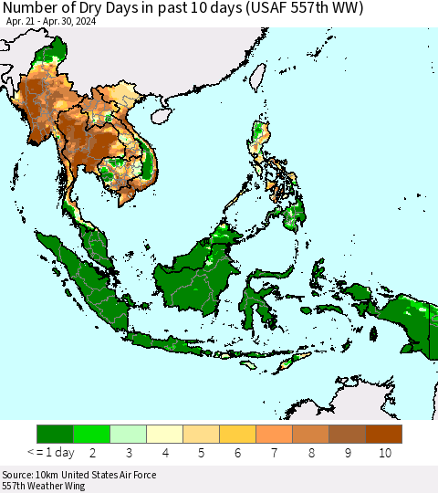 South East Asia Number of Dry Days in past 10 days (USAF 557th WW) Thematic Map For 4/26/2024 - 4/30/2024