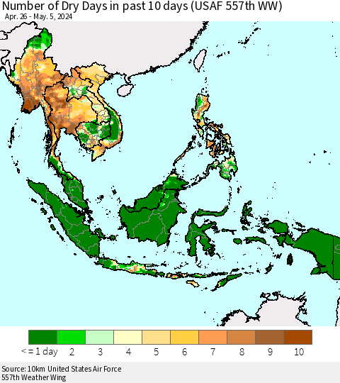 South East Asia Number of Dry Days in past 10 days (USAF 557th WW) Thematic Map For 5/1/2024 - 5/5/2024