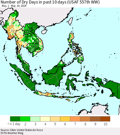South East Asia Number of Dry Days in past 10 days (USAF 557th WW) Thematic Map For 5/6/2024 - 5/10/2024