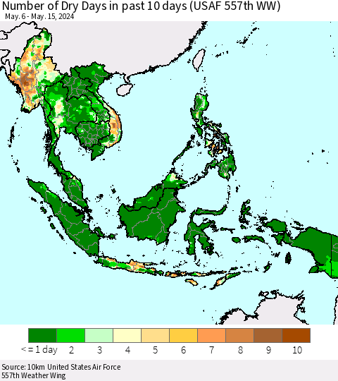 South East Asia Number of Dry Days in past 10 days (USAF 557th WW) Thematic Map For 5/11/2024 - 5/15/2024