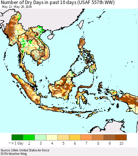 South East Asia Number of Dry Days in past 10 days (USAF 557th WW) Thematic Map For 5/16/2024 - 5/20/2024