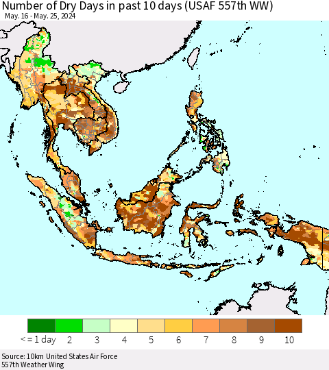 South East Asia Number of Dry Days in past 10 days (USAF 557th WW) Thematic Map For 5/21/2024 - 5/25/2024