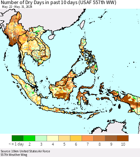 South East Asia Number of Dry Days in past 10 days (USAF 557th WW) Thematic Map For 5/26/2024 - 5/31/2024