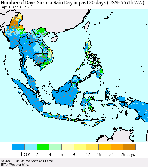 South East Asia Number of Days Since a Rain Day in past 30 days (USAF 557th WW) Thematic Map For 4/26/2021 - 4/30/2021