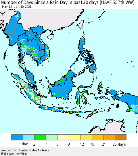 South East Asia Number of Days Since a Rain Day in past 30 days (USAF 557th WW) Thematic Map For 6/6/2021 - 6/10/2021