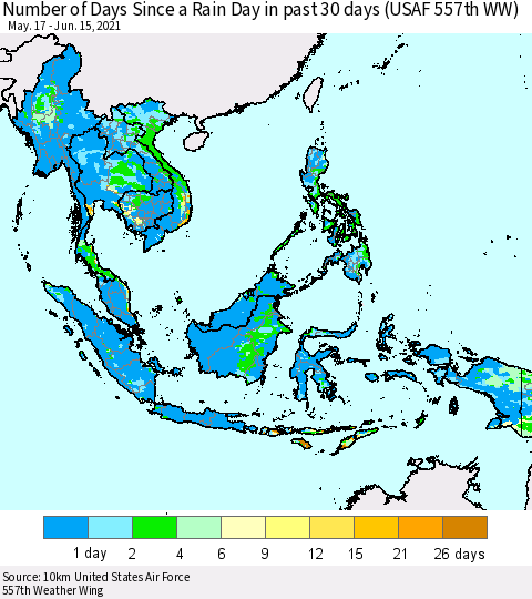South East Asia Number of Days Since a Rain Day in past 30 days (USAF 557th WW) Thematic Map For 6/11/2021 - 6/15/2021