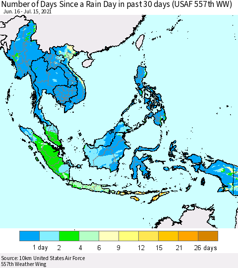 South East Asia Number of Days Since a Rain Day in past 30 days (USAF 557th WW) Thematic Map For 7/11/2021 - 7/15/2021