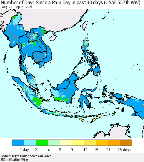 South East Asia Number of Days Since a Rain Day in past 30 days (USAF 557th WW) Thematic Map For 9/16/2021 - 9/20/2021