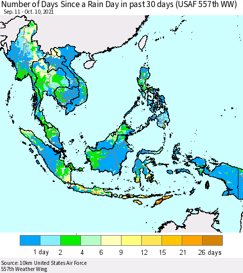 South East Asia Number of Days Since a Rain Day in past 30 days (USAF 557th WW) Thematic Map For 10/6/2021 - 10/10/2021
