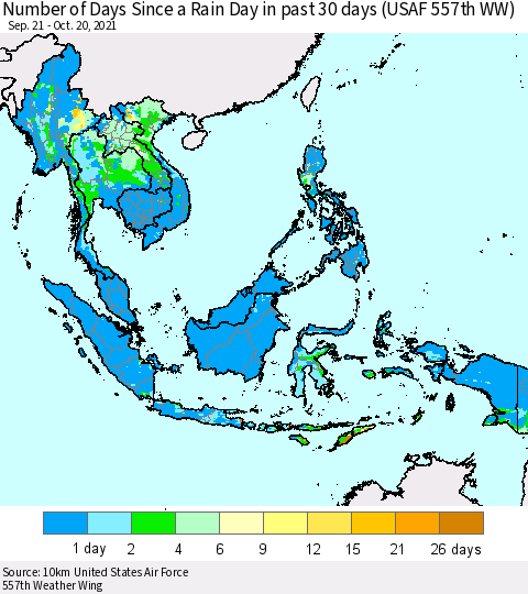 South East Asia Number of Days Since a Rain Day in past 30 days (USAF 557th WW) Thematic Map For 10/16/2021 - 10/20/2021