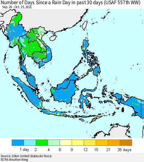 South East Asia Number of Days Since a Rain Day in past 30 days (USAF 557th WW) Thematic Map For 10/21/2021 - 10/25/2021