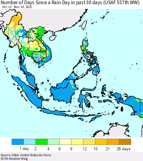 South East Asia Number of Days Since a Rain Day in past 30 days (USAF 557th WW) Thematic Map For 11/6/2021 - 11/10/2021
