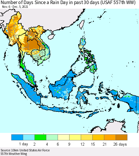 South East Asia Number of Days Since a Rain Day in past 30 days (USAF 557th WW) Thematic Map For 12/1/2021 - 12/5/2021