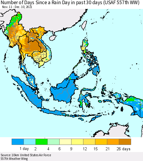 South East Asia Number of Days Since a Rain Day in past 30 days (USAF 557th WW) Thematic Map For 12/6/2021 - 12/10/2021