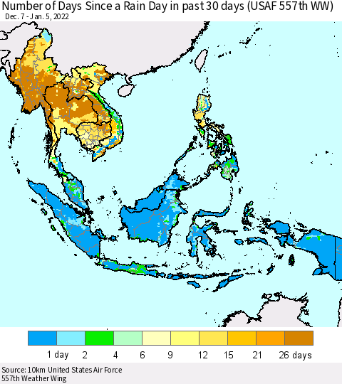South East Asia Number of Days Since a Rain Day in past 30 days (USAF 557th WW) Thematic Map For 1/1/2022 - 1/5/2022