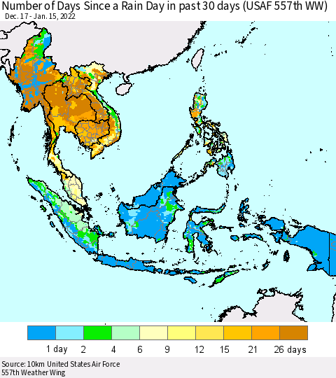 South East Asia Number of Days Since a Rain Day in past 30 days (USAF 557th WW) Thematic Map For 1/11/2022 - 1/15/2022