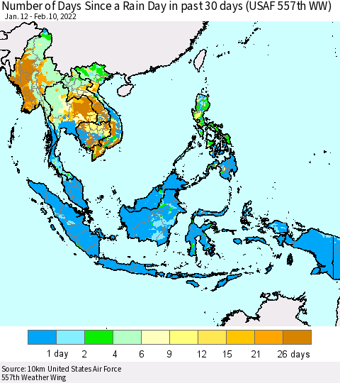 South East Asia Number of Days Since a Rain Day in past 30 days (USAF 557th WW) Thematic Map For 2/6/2022 - 2/10/2022