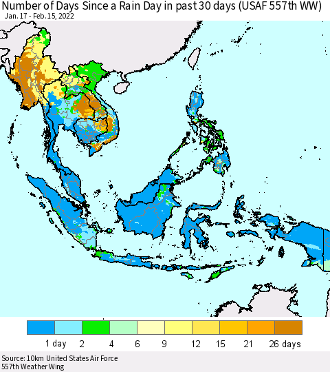 South East Asia Number of Days Since a Rain Day in past 30 days (USAF 557th WW) Thematic Map For 2/11/2022 - 2/15/2022