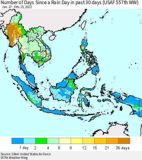 South East Asia Number of Days Since a Rain Day in past 30 days (USAF 557th WW) Thematic Map For 2/21/2022 - 2/25/2022