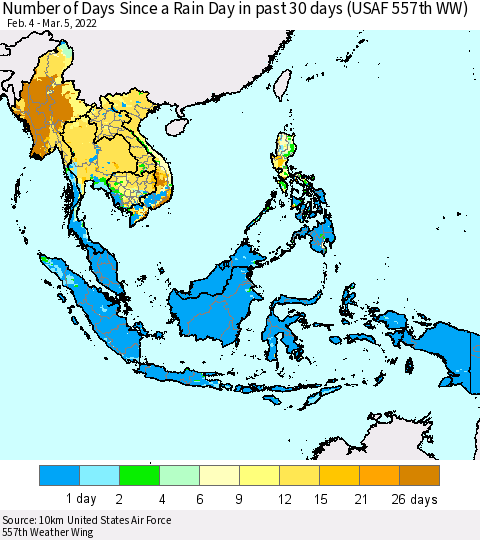 South East Asia Number of Days Since a Rain Day in past 30 days (USAF 557th WW) Thematic Map For 3/1/2022 - 3/5/2022