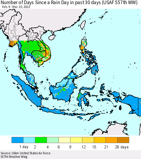 South East Asia Number of Days Since a Rain Day in past 30 days (USAF 557th WW) Thematic Map For 3/6/2022 - 3/10/2022