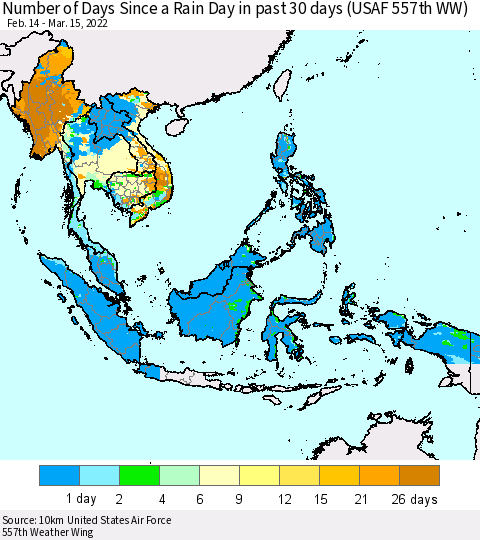 South East Asia Number of Days Since a Rain Day in past 30 days (USAF 557th WW) Thematic Map For 3/11/2022 - 3/15/2022