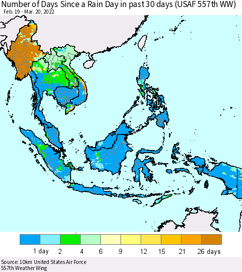 South East Asia Number of Days Since a Rain Day in past 30 days (USAF 557th WW) Thematic Map For 3/16/2022 - 3/20/2022
