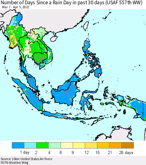 South East Asia Number of Days Since a Rain Day in past 30 days (USAF 557th WW) Thematic Map For 4/1/2022 - 4/5/2022
